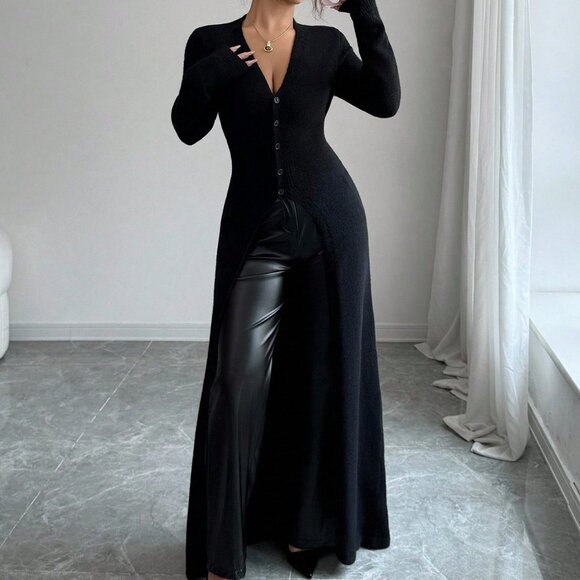 Black Elegant Casual Women's Long Length Slim Fit Knit Cardigan - Picture 3 of 7